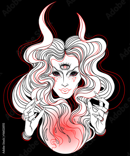 Young beautiful witch. Mystic character. Alchemy, religion, spirituality, occultism, tattoo art. Isolated vector illustration. Halloween concept.