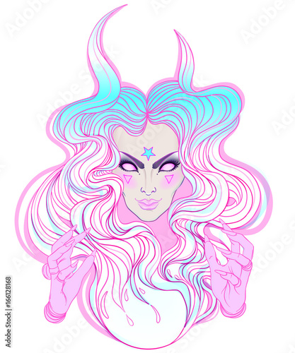 Young beautiful witch. Mystic character. Alchemy, religion, spirituality, occultism, tattoo art. Isolated vector illustration. Halloween concept.