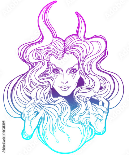 Young beautiful witch. Mystic character. Alchemy, religion, spirituality, occultism, tattoo art. Isolated vector illustration. Halloween concept.