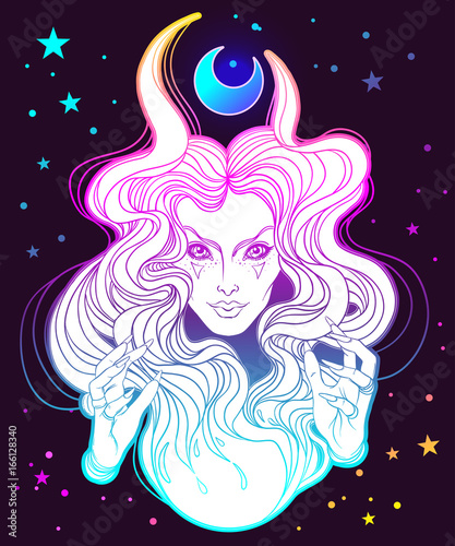 Young beautiful witch. Mystic character. Alchemy, religion, spirituality, occultism, tattoo art. Isolated vector illustration. Halloween concept.