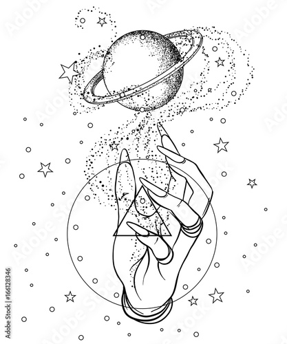Human hand with space and sacred geometry symbols. Dotwork tattoo flash design. Vector illustration isolated on white. Eye of Providence. Masonic symbol. All seeing eye.