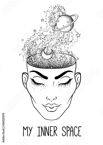 The girl face with the space inside her head. Dotwork tattoo flash design. Female portrait or night goddess with space, stars, moon and Saturn planet.