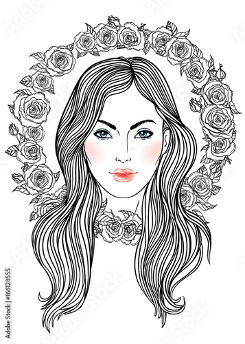 Pretty girl with crown of roses flowers in her hair. Female portrait or summe...