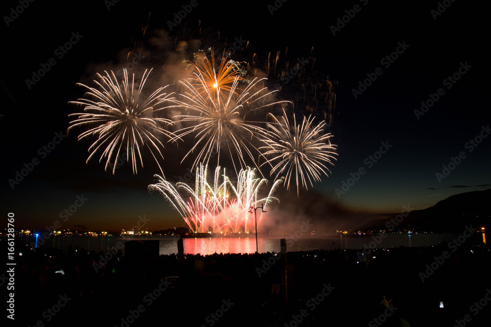 Night celebration firework water surface party background 