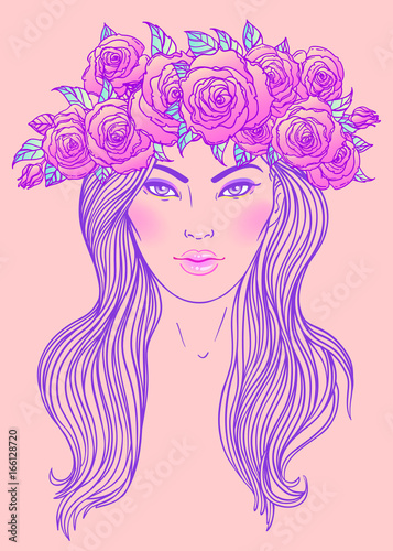 Pretty girl with crown of roses flowers in her hair. Female portrait or summer fairy or nymph. Vector isolated illustration. Fantasy, beauty, boho style
