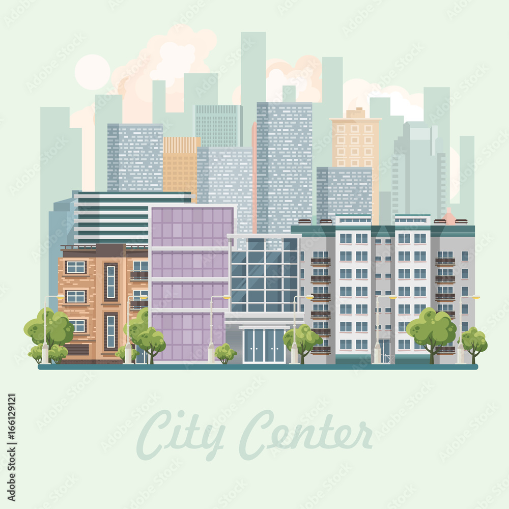 Modern city center vector illustration in flat design.