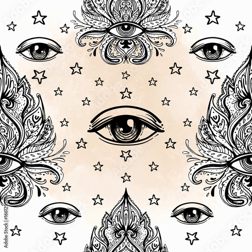 All seeing eye seamless pattern. Hand drawn vintage style background. Alchemy, spirituality, occultism, textiles art. Isolated vector illustration.