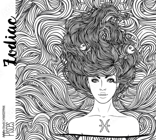 Zodiac: Illustration of Pisces zodiac sign as a beautiful girl. Vector art with portrait of a pretty girl. Black, white drawing over ornate pattern. Horoscope coloring book