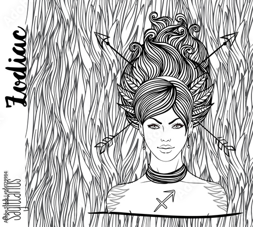 Zodiac: Sagittarius zodiac sign as a beautiful girl. Vector art with portrait of a pretty girl. Black, white drawing over ornate pattern. Horoscope coloring book