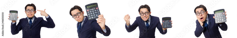 Funny man with calculator isolated on white Funny man with calculator isolated on white
