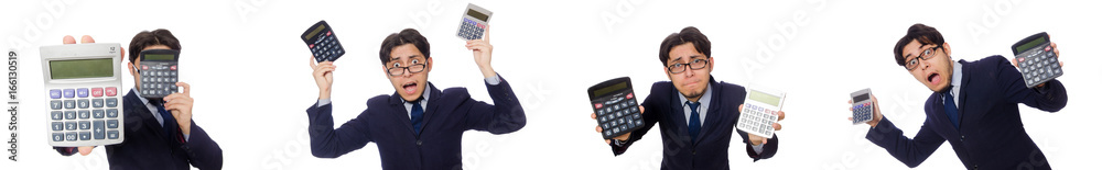 Funny man with calculator isolated on white Funny man with calculator isolated on white