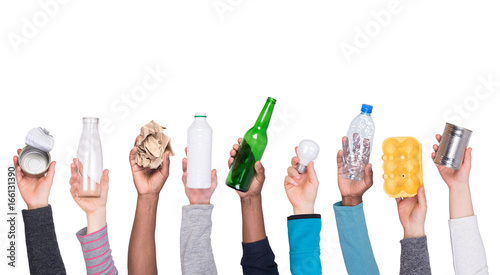 Trash samples in hands isolated on white background