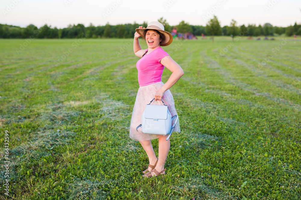 portrait on cute funny laughing or surprised woman with backpack and hat portrait on cute funny laughing or surprised woman with backpack and hat