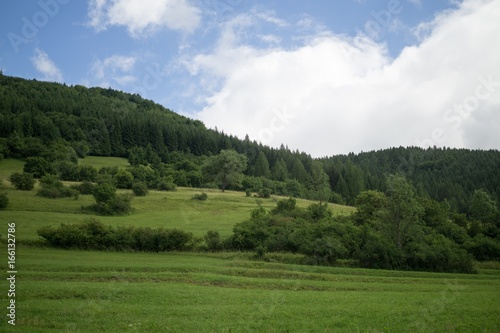 Green meadow and hills during sunny and cloudy afternoon. Slovakia