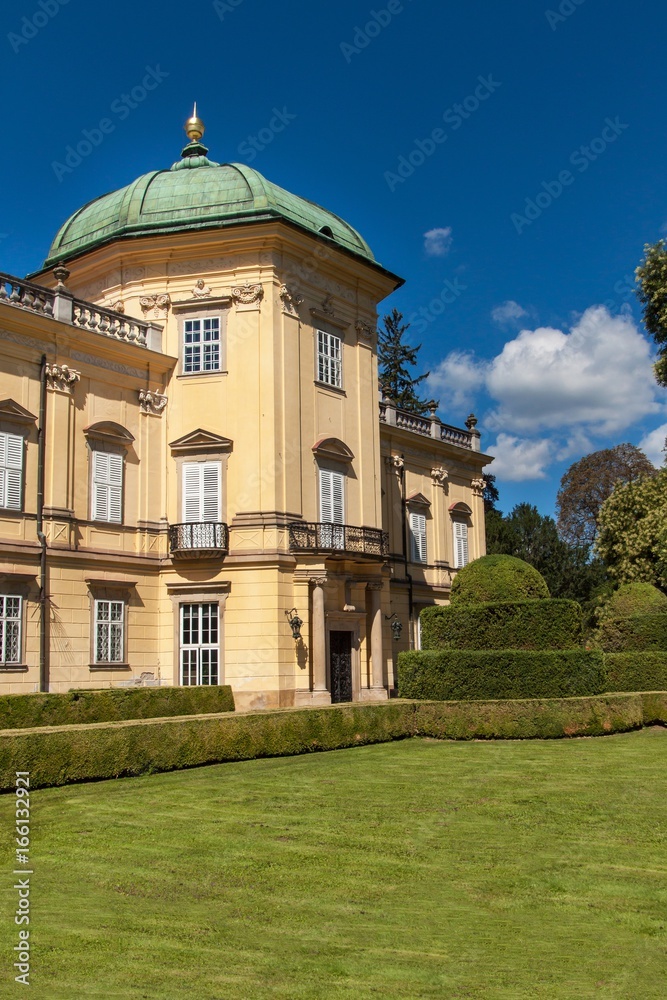 Baroque chateau Buchlovice in the Czech Republic. Classical baroque building. Tourism in Central Europe. Ornamental gardens.
