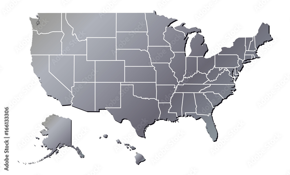 Vector - United States of America Aluminium Tone map including State Boundaries With Shadow