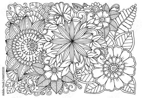 Black and white flower pattern for adult coloring book.