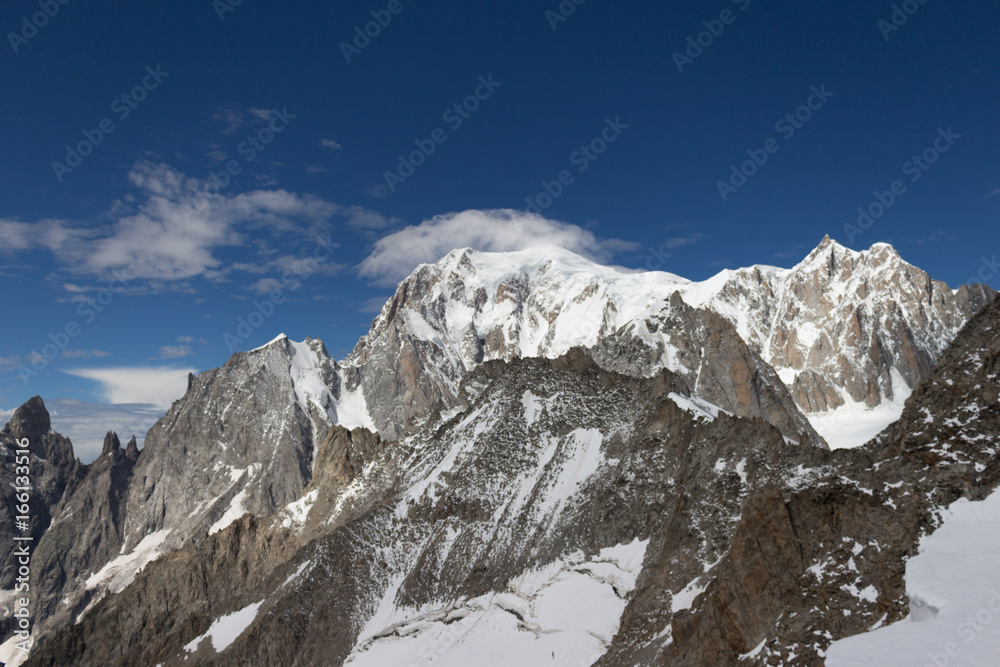Spectacular view to Mount Blanc massif from 360 degree observation terrace at the Punta Helbronner (Pointe Helbronner) mountain in the Graian Alps