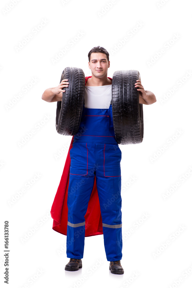 Superhero man with tyre isolated white background Superhero man with tyre isolated white background