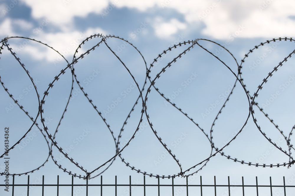 Safe protective metal fence with barbed wire Safe protective metal fence with barbed wire