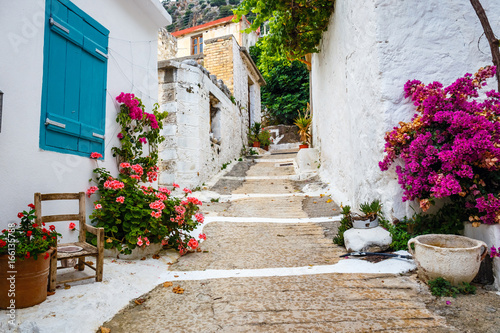 Narrow street in the village of Kritsa near Agios Nikolaos  Crete  Greece