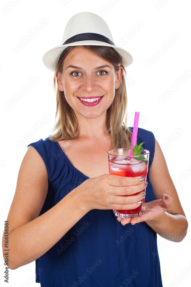 Woman holding a raspberry juice - isolated Woman holding a raspberry juice - isolated