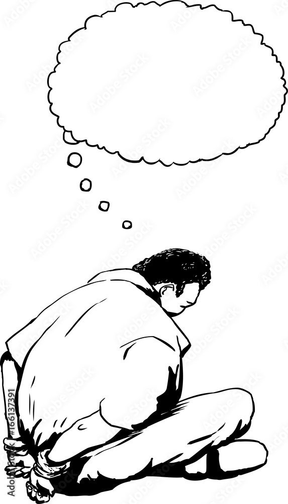 Outline of man with shackled hands sitting on floor Outline of man with shackled hands sitting on floor