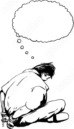 Thought bubble above handcuffed prisoner
