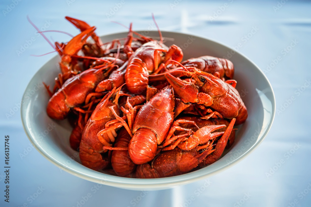 Cooked crayfishes in white plate on table Cooked crayfishes in white plate on table