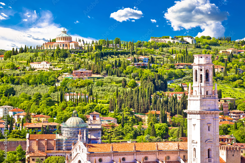 Verona rooftops and Madonna di Lourdes sanctuary view