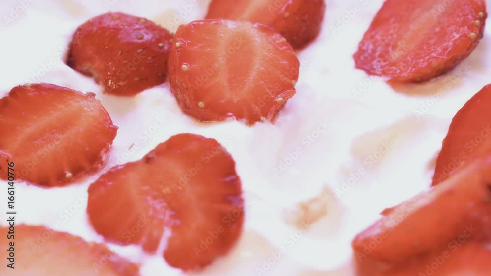 Eating strawberries with cream or yogurt by spoon, 4k Eating strawberries with cream or yogurt by spoon, 4k