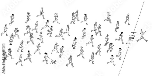 Tiny hand drawn marathon runners and a winner crossing the finish line