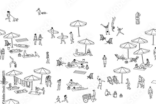 Seamless banner of tiny people at the beach  can be tiled horizontally  a diverse collection of small hand drawn men  women and kids playing 