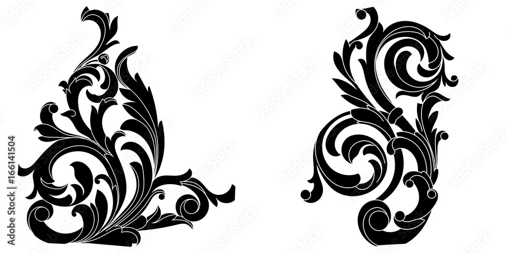 Set of vintage baroque ornament, corner. Retro pattern antique style acanthus. Decorative design element filigree calligraphy vector. - stock vector