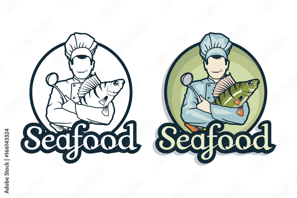 Vector seafood logo. Cartoon chef with fish in hands. Isolated on white background. Ocean Delicacies collection