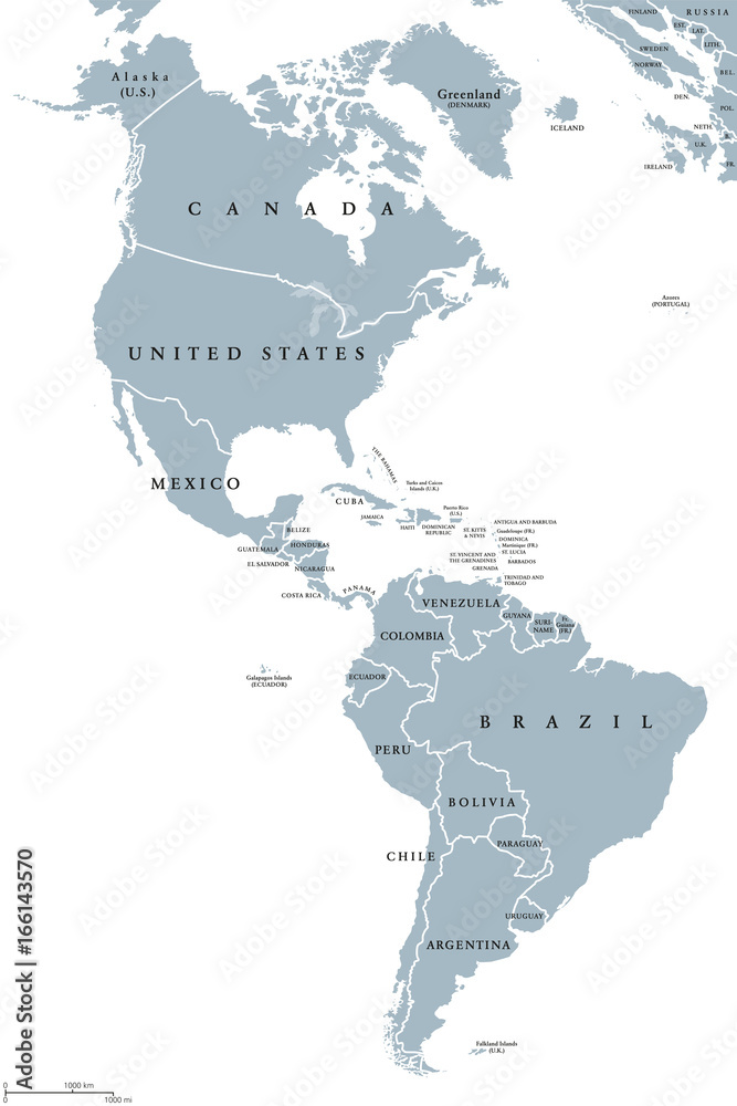 The Americas political map with countries and borders of the two ...