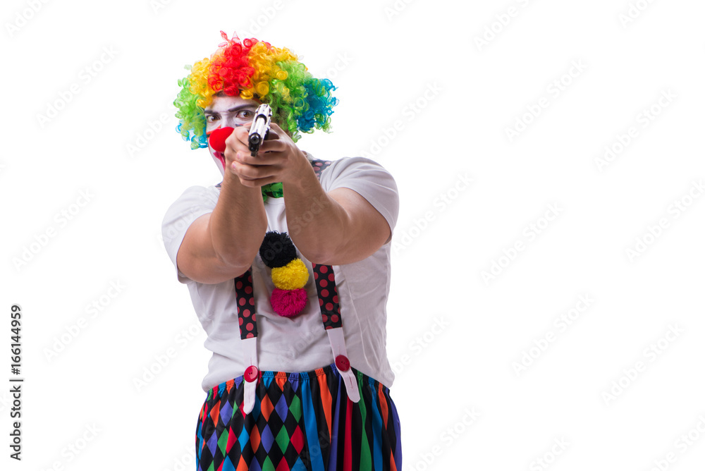 Funny clown with a gun pistol isolated on white background