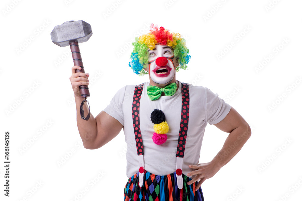 Funny clown with a hammer isolated on white background