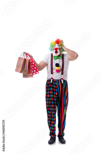 Funny clown with shopping bags isolated on white background