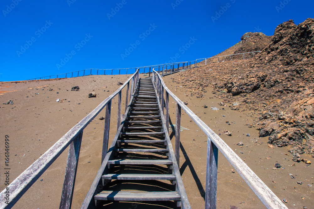 Wooden stairs to the top of the mountain. Ecuador. Galapagos Islands.