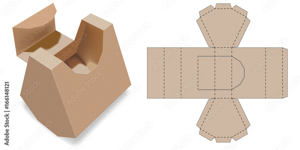 Gift Box Packaging Template. Retail Box with Blueprint Template. Cardboard  Shaped Opening Carry Box Bag Packaging, Isolated On White Background.  Die-stamping. Stock Vector