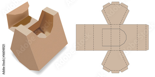 Gift Box Packaging Template. Retail Box with Blueprint Template. Cardboard Shaped Opening Carry Box Bag Packaging, Isolated On White Background. Die-stamping.