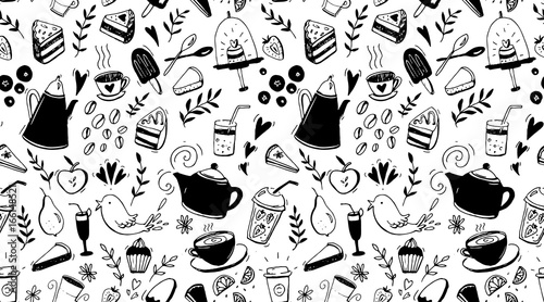 Coffee, tea and desserts seamless pattern. Black and white background with food for cafe design