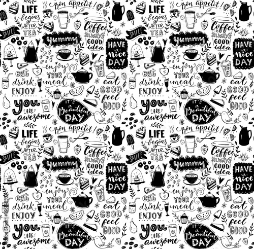 Cafe seamless pattern. Hand drawn tea and coffee pots, desserts and inspirational captions. Menu cover design, wallpaper stencil. Black and white typography background.