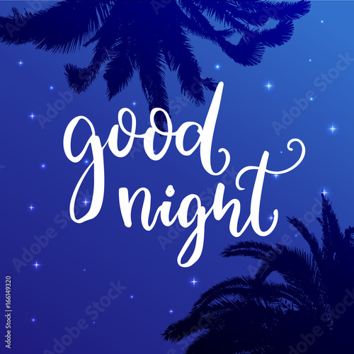 Good night. Wish before sleep, inspirational quote on blue night sky background with palm tree silhouettes.