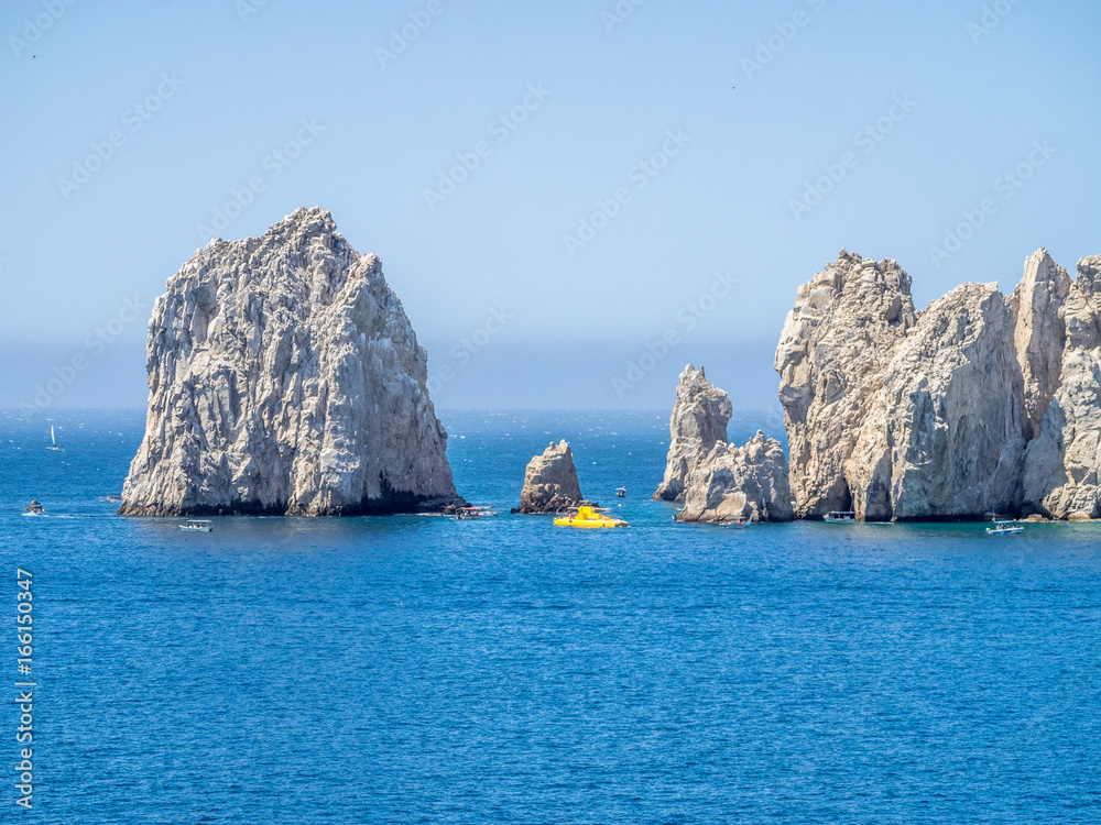 Lands End in Cabo San Lucas in Baja California, Mexico, where the Pacific Ocean meets the Sea of Cortez. Viewed from the Sea of Cortez. Lands End in Cabo San Lucas in Baja California, Mexico, where the Pacific Ocean meets the Sea of Cortez. Viewed from the Sea of Cortez.