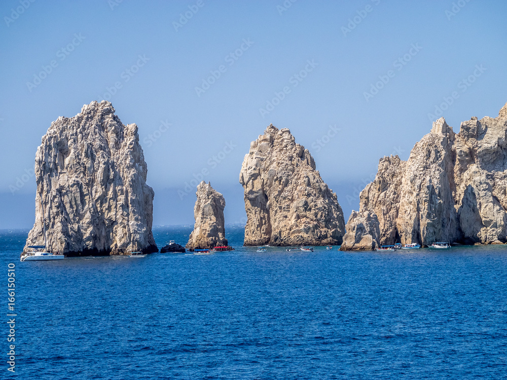 Lands End in Cabo San Lucas in Baja California, Mexico, where the Pacific Ocean meets the Sea of Cortez. Viewed from the Sea of Cortez.