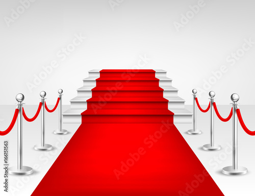 Realistic vector red event carpet, silver barriers and white stairs isolated on white background. Design template, clipart in EPS10.