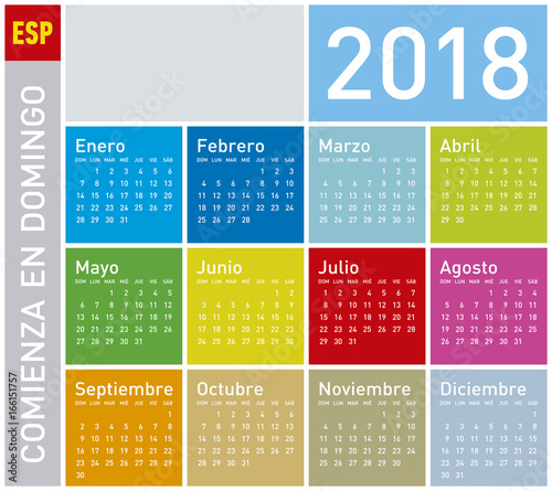 Colorful Calendar for Year 2018, in Spanish. Week starts on Sunday