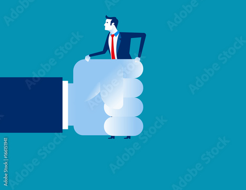 Businessman in a big hand. Concept business vector illustration.
